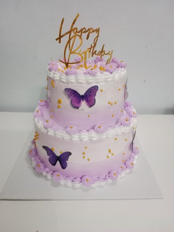 Two tier purple shaded cake with edibles butterflys 2kg